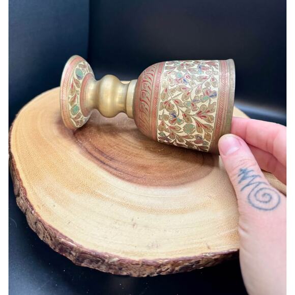 Vintage brass Pedestal Display Cup Etched with Enamel Floral Design - Picture 8 of 10